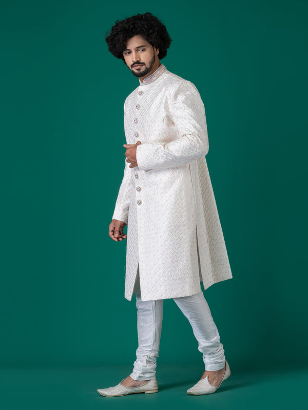 Opulent White Edgar Sherwani with Neck Handwork