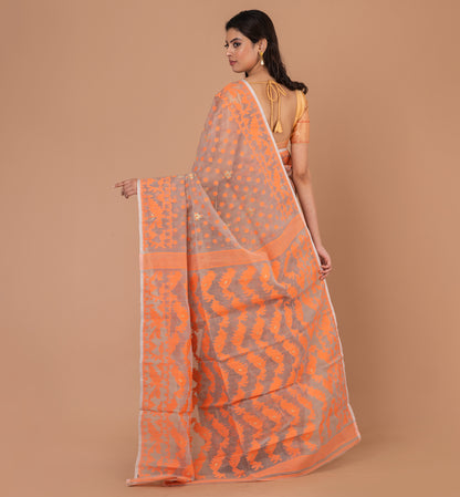 Exquisite Orange Jamdani Cotton Silk Saree