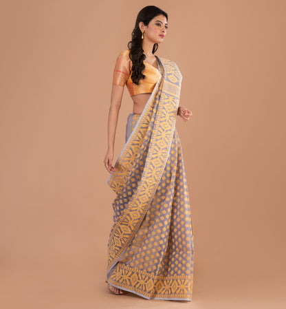 Elegant Grey-Gold Jamdani Cotton Saree
