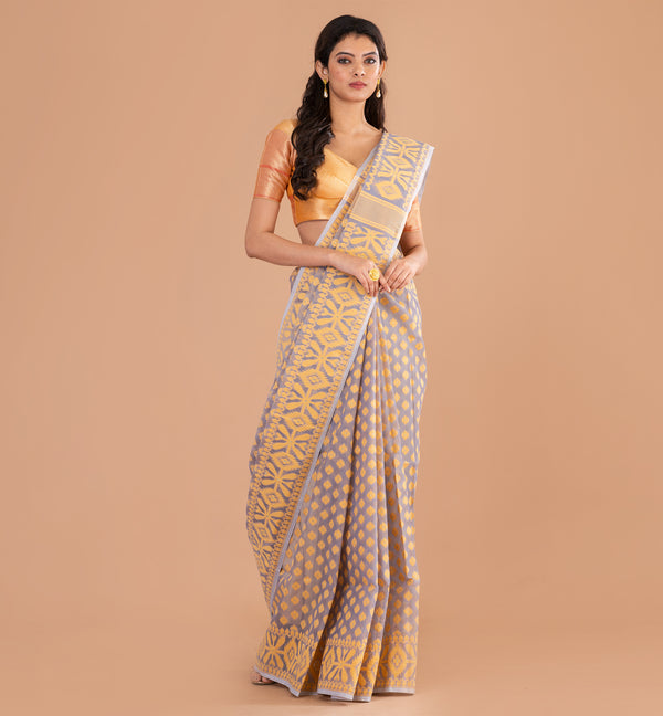Elegant Grey-Gold Jamdani Cotton Saree