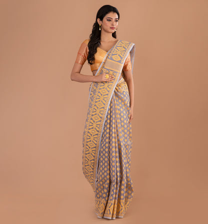 Elegant Grey-Gold Jamdani Cotton Saree