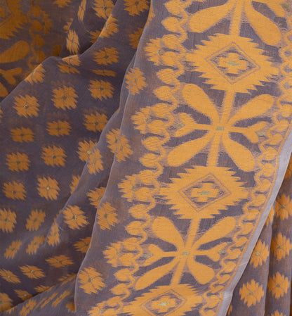 Elegant Grey-Gold Jamdani Cotton Saree