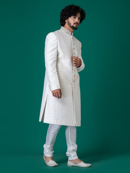 Lustrous Bleached White Sherwani with Neck Handwork