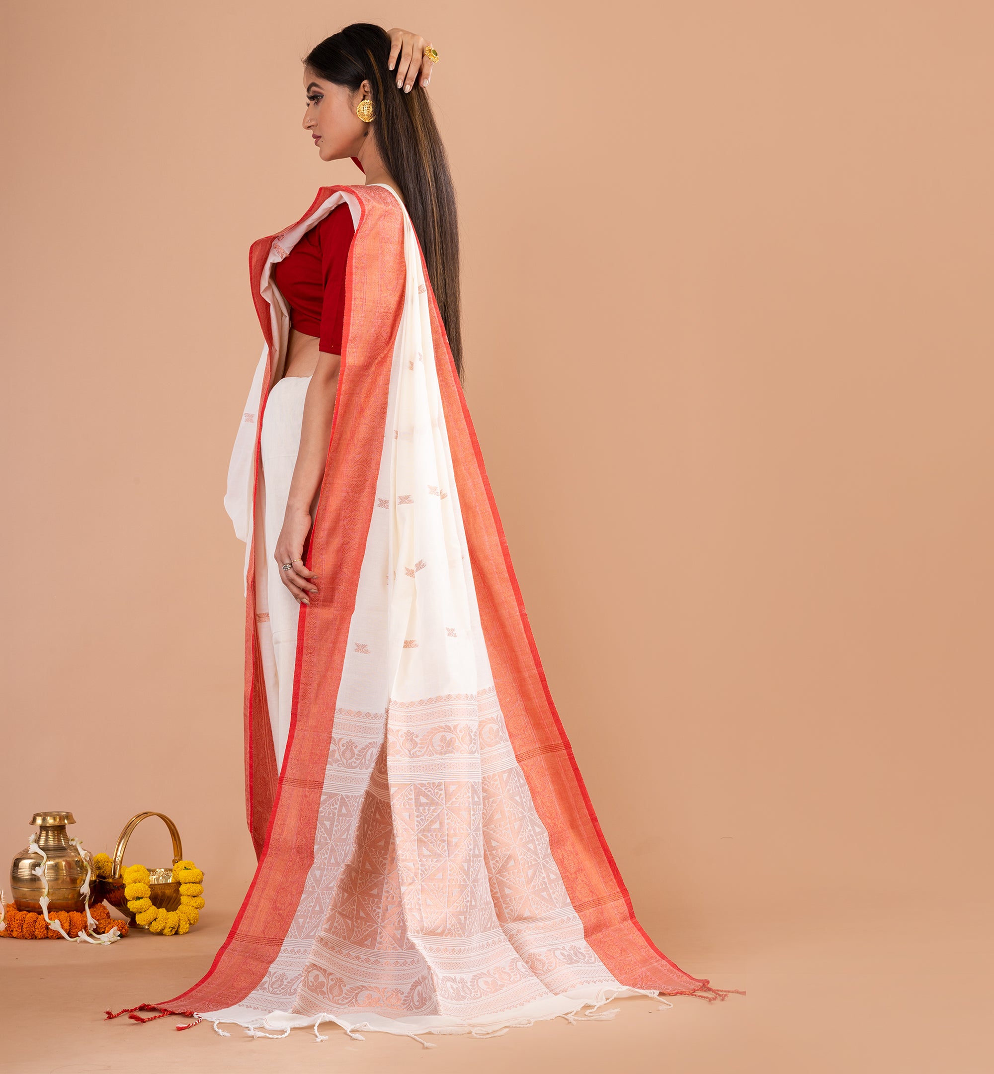 Classic White & Red Bengali Cotton Saree