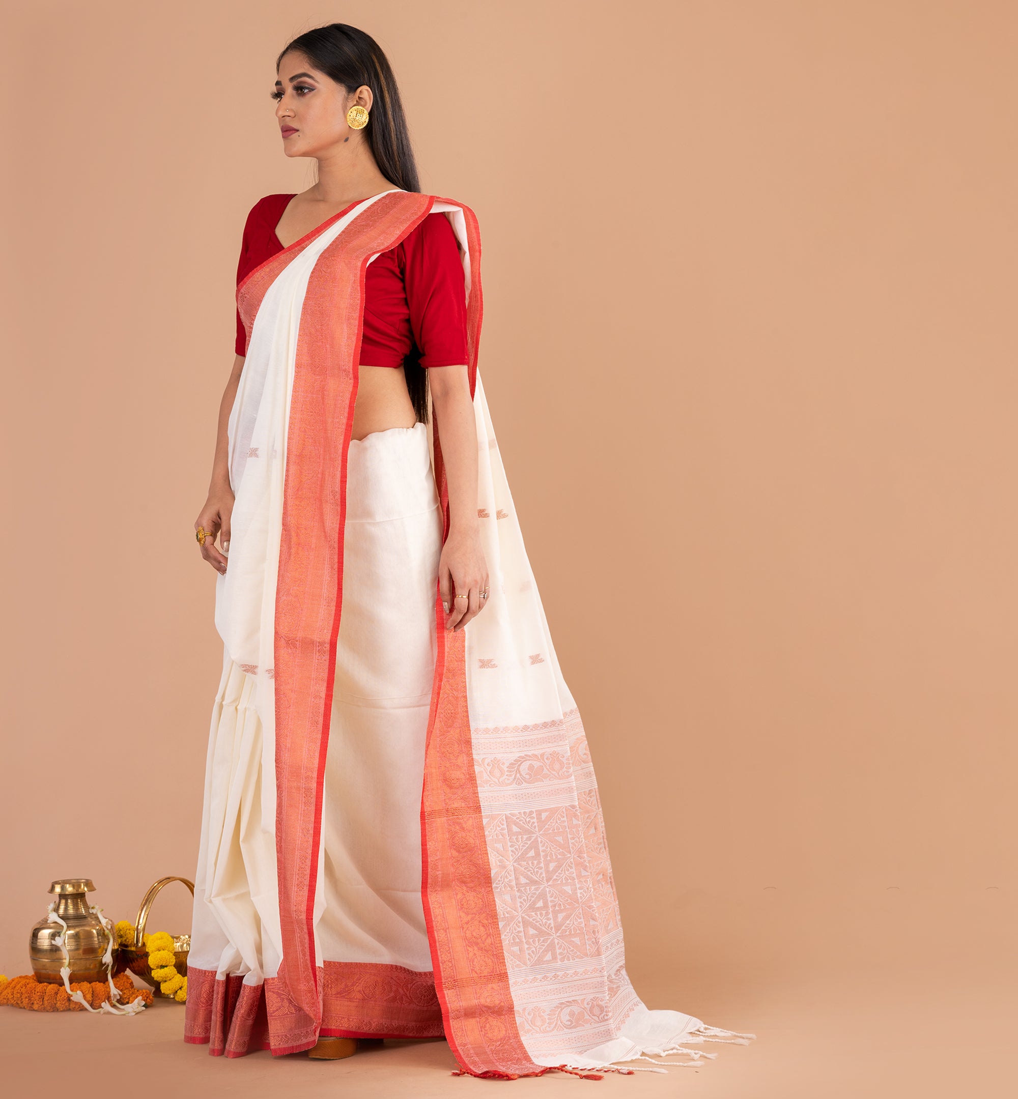 Classic White & Red Bengali Cotton Saree