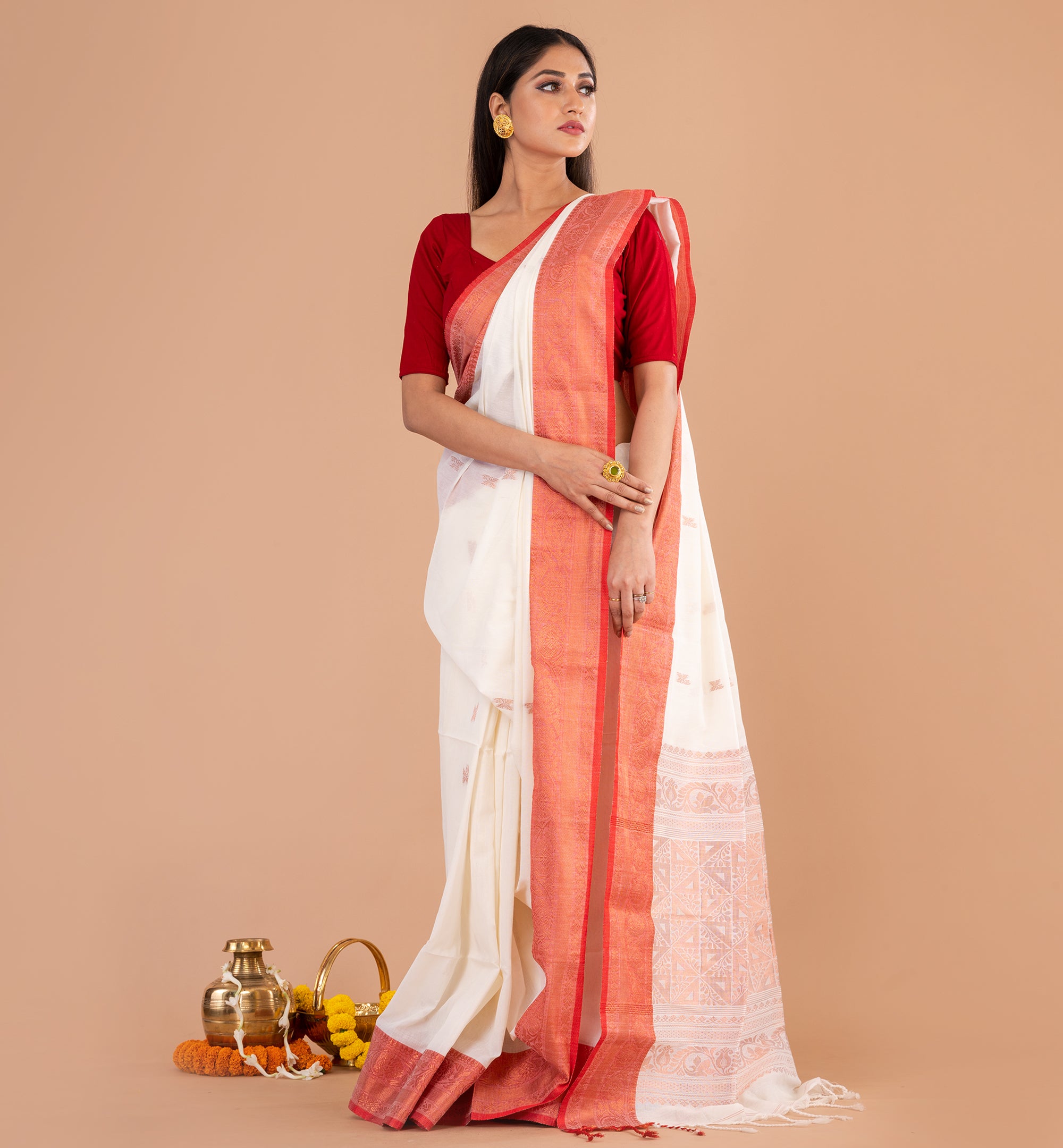 Classic White & Red Bengali Cotton Saree