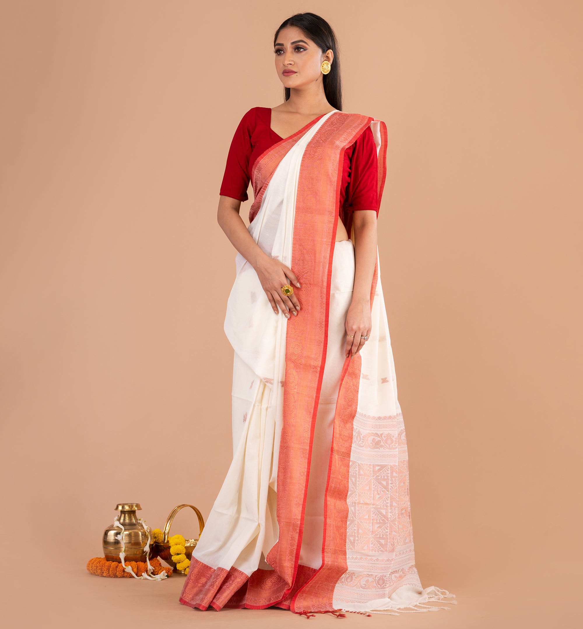 Classic White & Red Bengali Cotton Saree