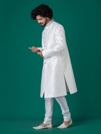 Lustrous Bleached White Sherwani with Neck Handwork