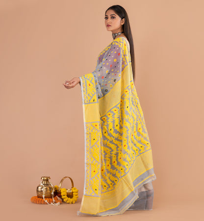 Elegant Grey Tant Jamdani Cotton Saree