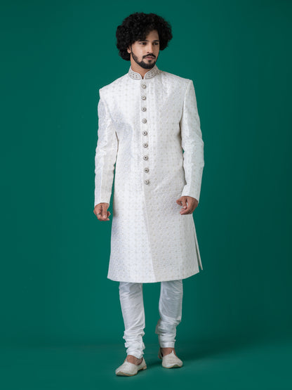 Lustrous Bleached White Sherwani with Neck Handwork