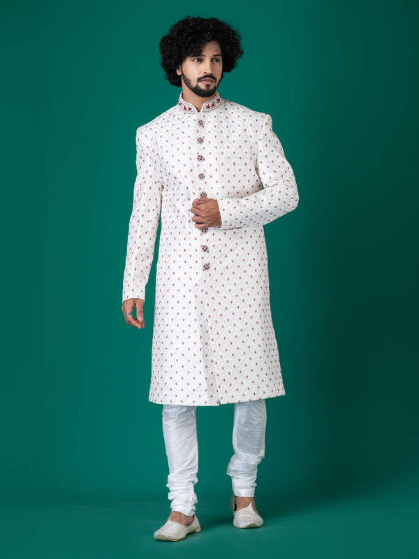 Splendid White Smoke Sherwani with Neck Handwork, Ruby Crystal Buttons